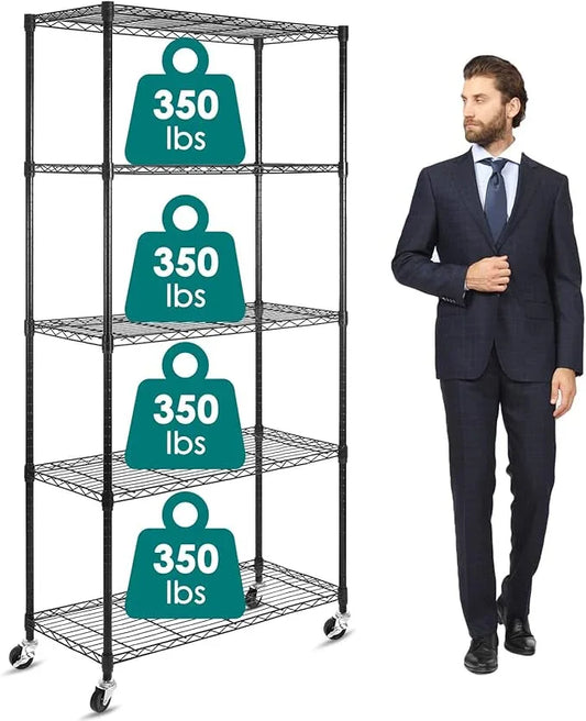 WDT 5-Shelf Shelving Units on Wheels Casters, Adjustable Heavy Duty Metal Shelf Wire Storage Rack for Home Office Garage Kitchen Bathroom Organization(16”Wx36”Dx75”H), Black - ModernBath