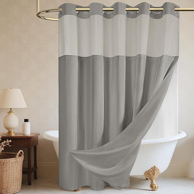 WONICY No Hook Shower Curtain with Snap in Liner, Polyester Textured Shower Curtain with Liner Set, Waterproof Washable Hotel Style Shower Curtains for Bathroom, 71Wx77H, Grey - ModernBath
