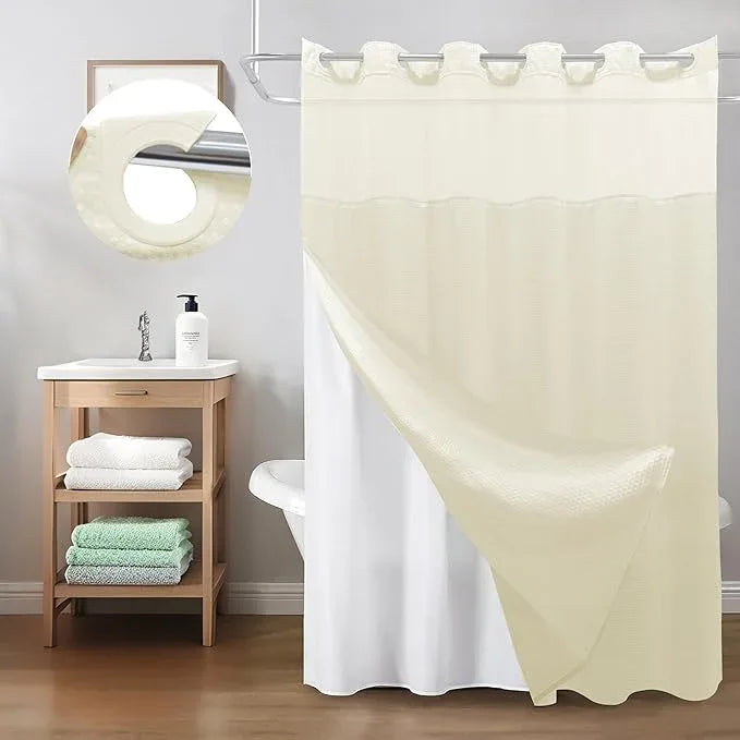 Inhousolu Extra Long No Hook Shower Curtain with Snap in Fabric Liner Set Waffle Weave 230GSM Weighted Hem, Waterproof & Washable Bathroom Curtain Spa Luxury with Mesh Top Window 72" W x 84" L Ivory - ModernBath