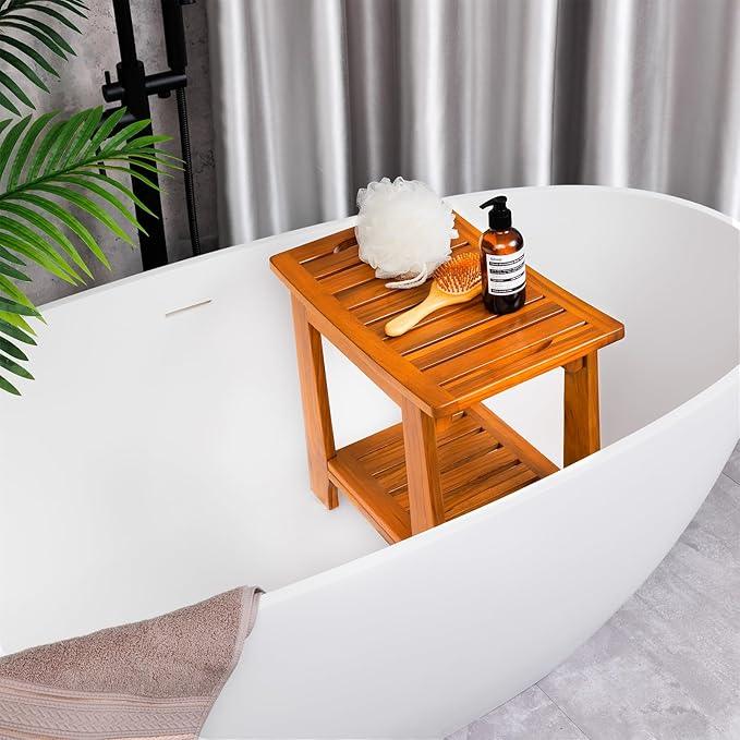 14" Compact Teak Shower Stool with Shelf & Handle - Waterproof, Non-Slip Bath Bench for Small Bathrooms/Outdoor Use, 300 lbs Capacity (Patented) - ModernBath