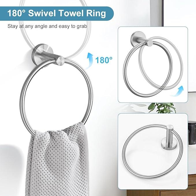 TQKAG Bathroom Towel Bar Holder Sets Brushed Nickel 23.6 Inch Round Stainless Steel Towel Bar Set 5 Piece Bathroom Accessory Set Wall Mounted - ModernBath