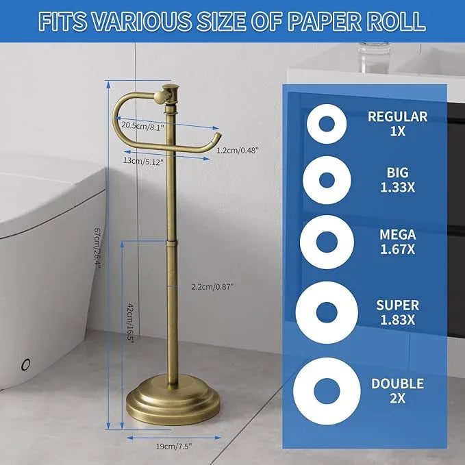 RUMOSE Toilet Paper Holder Stand for Floor,Antique Brass Adjustable (12.4" to 22.8") Bathroom Toilet Tissue Holder, Free Standing Paper Roll Holder with Storage, Stainless Steel - ModernBath