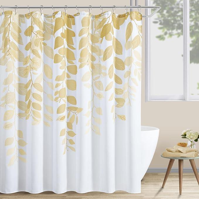 BOODII Gold Shower Curtain for Bathroom Botanical Eucalyptus Nature Eucalyptus Shower Curtain Set Floral Leaves Waterproof Bathroom Bath Curtains with Hooks 72x72 - ModernBath