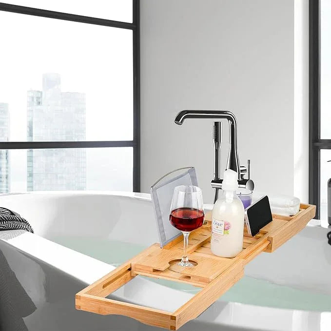 Utoplike Bamboo Bathtub Caddy Tray Bath Tray for Tub, Adjustable Bathroom Bathtub Organizer with Book Tablet Wine Glass Cup Towel Holder - ModernBath
