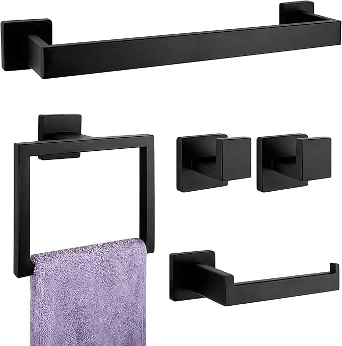5-Pieces Matte Black Bathroom Hardware Accessories Set, SUS304 Stainless Steel Bath Towel Bar Set, Towel Racks for Bathroom Wall Mounted. - ModernBath