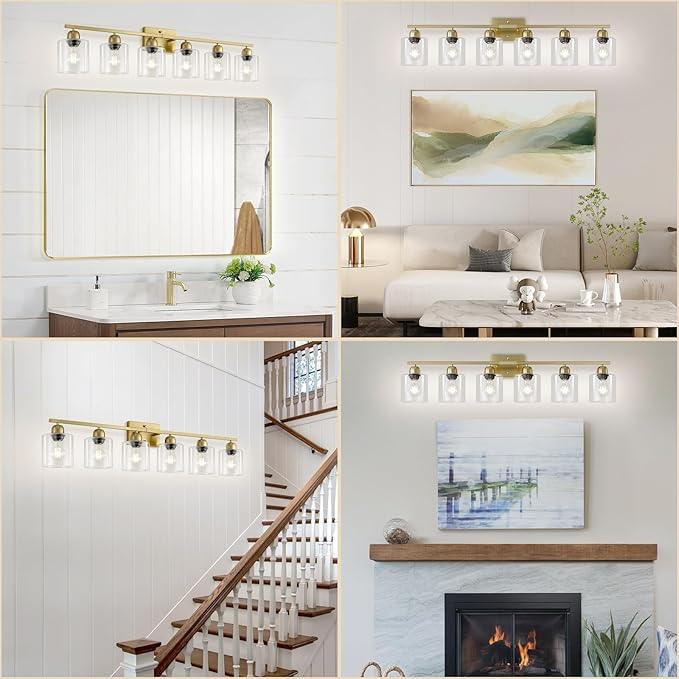FAISHILAN Modern Brushed Gold 6 Light Bathroom Light Fixtures,38 inch Vanity Lights for Bathroom with Clear Glass, Vanity Light for Mirror Kitchen Living Room Hallway Cabinet Porch - ModernBath