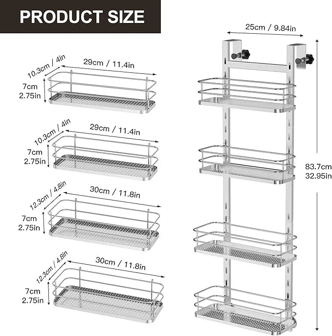 Orimade Adjustable Hanging Over the Shower Door Caddy,Bathroom Organizer Shelf Storage with 4 Hooks for Razor,No Drilling Rustproof Shower Rack Basket, 4 Tier, Silver - ModernBath