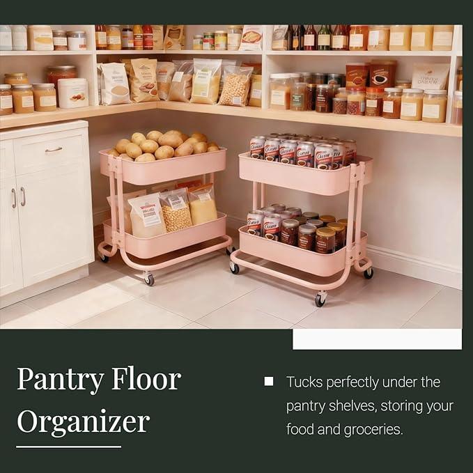 2 Tier Rolling Cart with Wheels for Under Desk Storage, Pink Small Rolling Pantry Storage Cart for Small Space, Metal Utility Shelf for Kitchen Bathrrom Laundry Room Organization - ModernBath