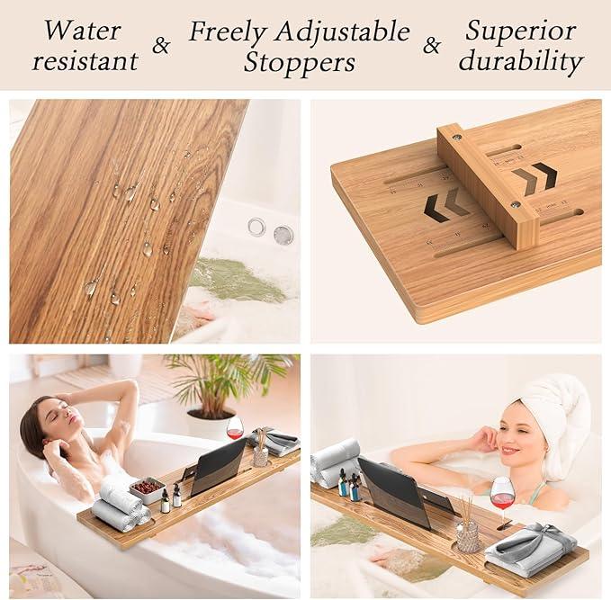 MUNNAR Bathtub Tray for Freestanding Bath, Solid Pine Wood Bath Tray for Tub, Bath Caddy for Home Spa, Adjustable Bathtub Trays for Tub, with Bathtub Accessories Holders, Patent Design, 35x9 - ModernBath