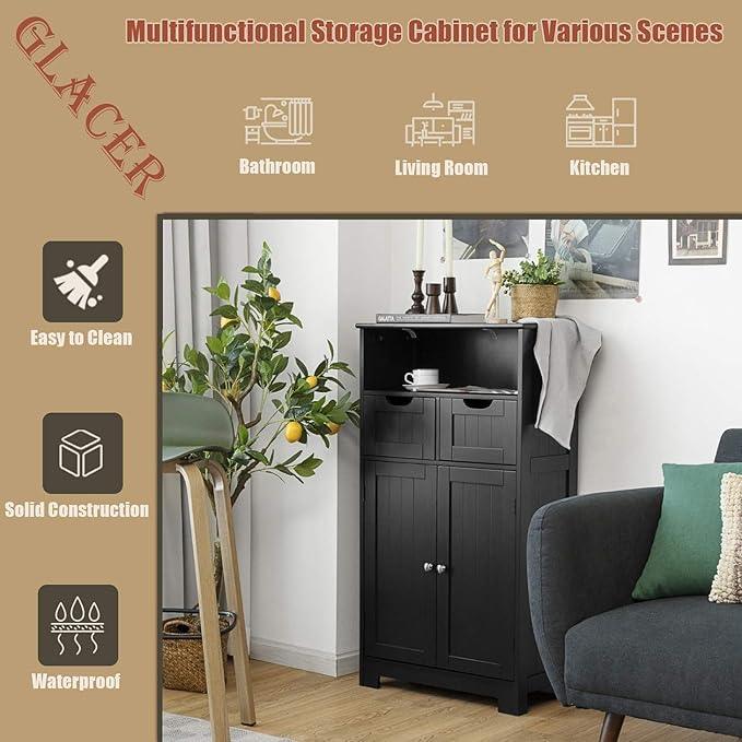 GLACER Modern Bathroom Floor Cabinet, Storage Cabinet with Removable Drawers & Adjustable Shelf for Bathroom, Living Room, Kitchen or Entryway, 24 x 12 x 43 inches (Black) - ModernBath