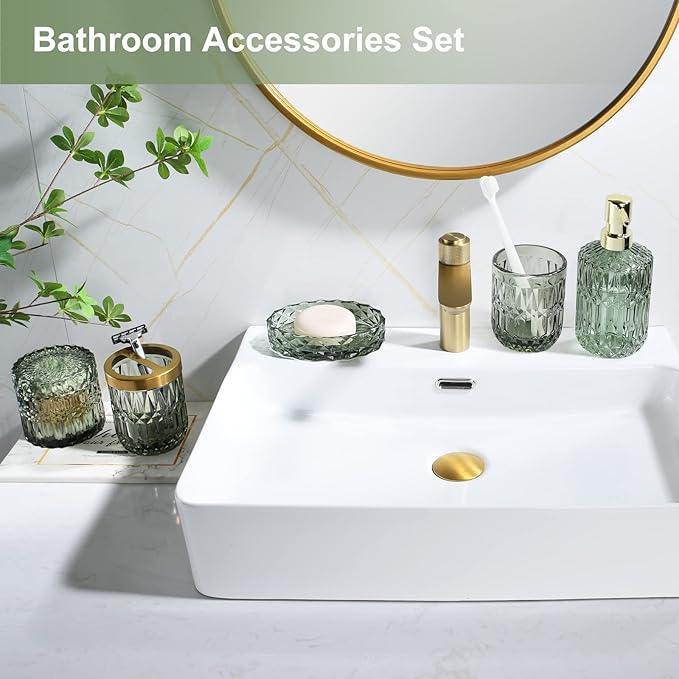 LaMarriti Green Bathroom Accessories Set, 5Pcs Clear Glass Bathroom Set Accessories, Soap Dispenser, Soap Dish, Toothbrush Holder Set, Tumbler, Qtips Holder for Vintage Crystal Bath Decor - ModernBath