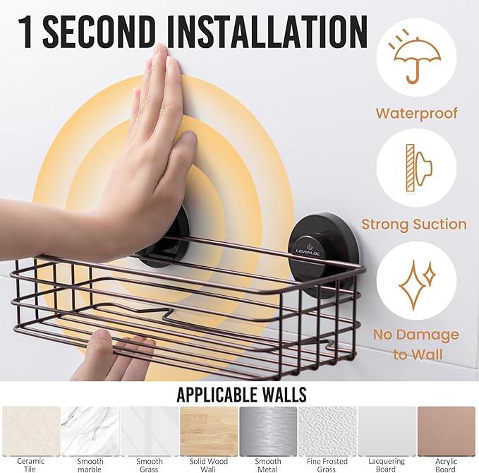 LEVERLOC Shower Caddy Suction Cup, 2 Pack Shelves for Inside with Hooks and Soap Holder, NO-Drilling Bathroom Holder, Rustproof Meatl Bathroom Organizer, Brown - ModernBath