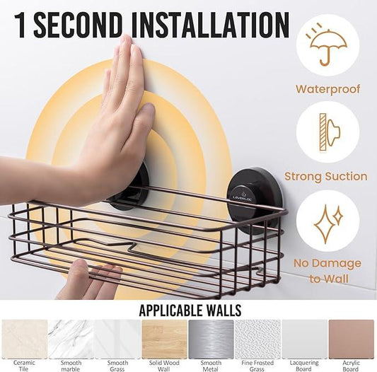 LEVERLOC Shower Caddy Suction Cup, 2 Pack Shelves for Inside with Hooks and Soap Holder, NO-Drilling Bathroom Holder, Rustproof Meatl Bathroom Organizer, Brown - ModernBath
