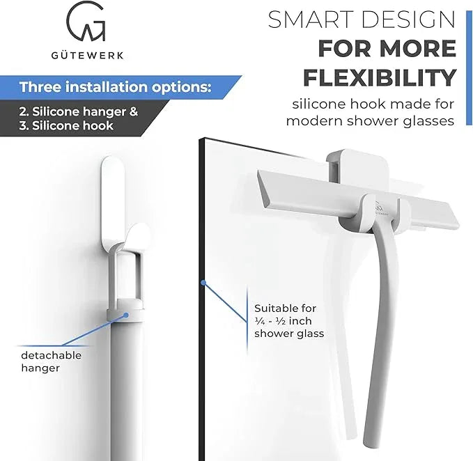 GÜTEWERK Shower Squeegee for Glass Doors, Silicone Window Squeegee, Bathroom and Glass Cleaning - White - 15 Inch - ModernBath