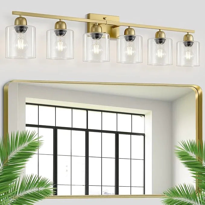 FAISHILAN Modern Brushed Gold 6 Light Bathroom Light Fixtures,38 inch Vanity Lights for Bathroom with Clear Glass, Vanity Light for Mirror Kitchen Living Room Hallway Cabinet Porch - ModernBath