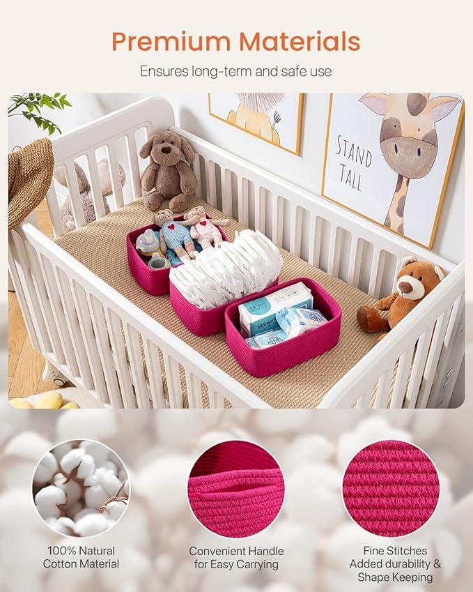 Small Woven Basket, 12 x 8 x 4.5 Inches, Storage Basket for Organizing, Cute Small Rope Shelf Closet Cube Storage Bins Baskets for Shelves, Dog Toy Gift Baskets Empty, 3 Packs, Hot Pink - ModernBath