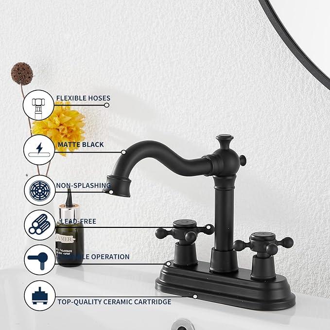 Bathroom Faucet Matte Black GGStudy 2 Handles 4 Inches Centerset Bathroom Vanity with Drain Assembly and Supply Hose Lavatory Faucet Mixer Double Handle Tap - ModernBath