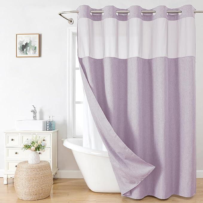 eachope No Hooks Needed Linen Textured Shower Curtain with Snap-in Fabric Liner Set,Hotel Luxury Decor Shower Curtains for Bathroom with Mesh Top Window,Waterproof & Washable,71Wx74H,Lavender - ModernBath