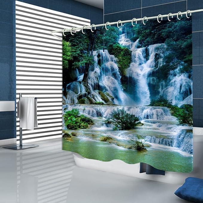 LYFANS Shower Curtains Waterproof Polyester Fabric,Large Width Bright Partition Curtain with Waterfall Pool Print,Shower Curtain Liner for Bathtub Bathroom with 12 White Hooks （72 x72 inches） - ModernBath