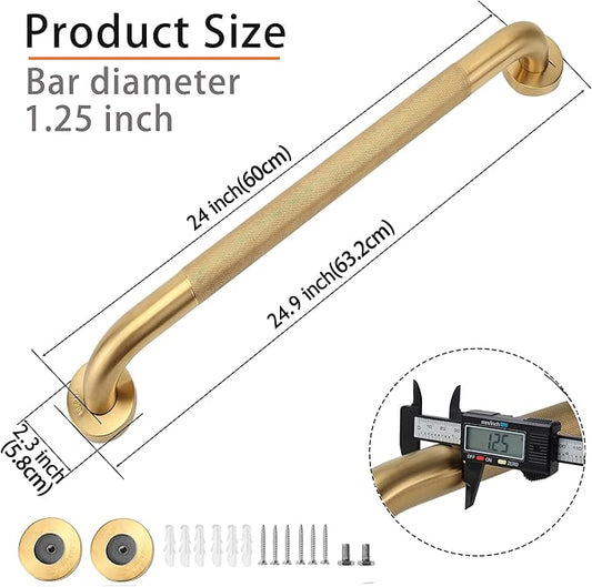 Rackickyer Shower Grab Bar, 2 Pack 24 Inch Gold Bathroom Grab Bar, 1.25" Diameter 304 Stainless Steel Anti-Slip Grab Bars for Bathtubs and Showers, Handicap Shower Grab Bar for Seniors Elderly