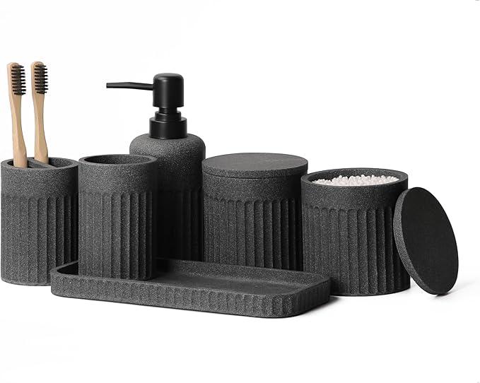 INIUNIK Bathroom Accessory Set - 6 Pieces Bathroom Accessories Set Complete with Soap Dispenser, Toothbrush Holders, Tumbler, Vanity Tray and 2 Qtip Holder for Home Organizer and Decor, Dark Grey - ModernBath