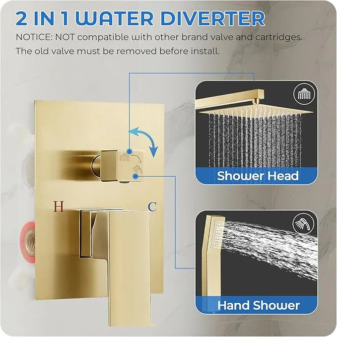 RNDIOZD Gold Shower Faucet Set, 10 inch Rain Shower System with Pressure Balance Valve, Wall Mounted 2-Functions Bathroom Shower Systems with Rain Shower and Handheld Spray Shower Trim Included - ModernBath