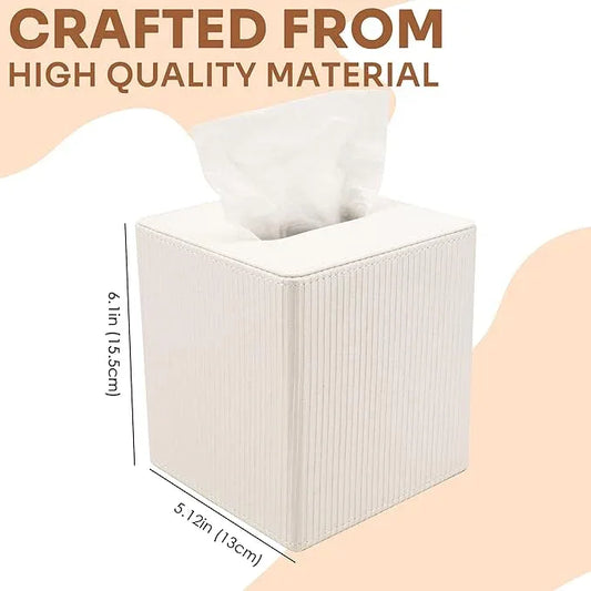 DODAMOUR Vertical Stripe Tissue Box Cover Cube – Ribbed PU Leather Square Holder, Magnetic Bottom Napkin Dispenser for Bathroom Vanity, Bedroom Nightstand (White) - ModernBath