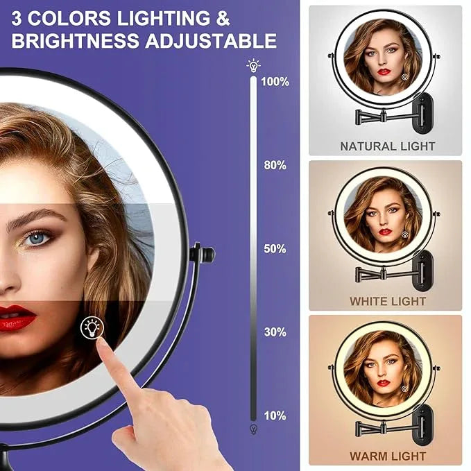 Rechargeable Wall Mounted Makeup Mirror, 8.5 inch Double-Sided 1/10x Magnifying Bathroom Mirror with 3 Color Lights, Lighted Vanity Mirror with 2-Touch Screen Dimming & Luminance Memory - ModernBath