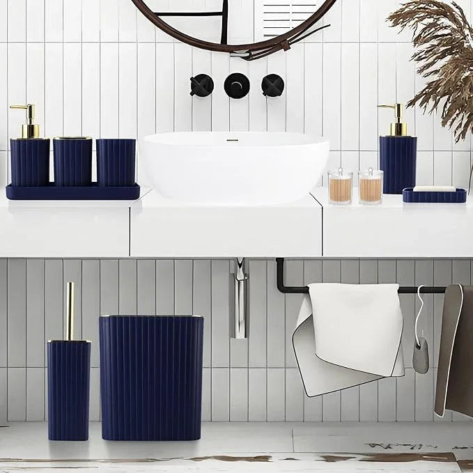 XLHOMO Bathroom Accessories Set - Gorgeous Bathroom Set, 10PC Navy Blue Bathroom Accessory Set, Toilet Brush, Trash Can, Qtip Holder Dispenser & Soap Dispenser - ModernBath