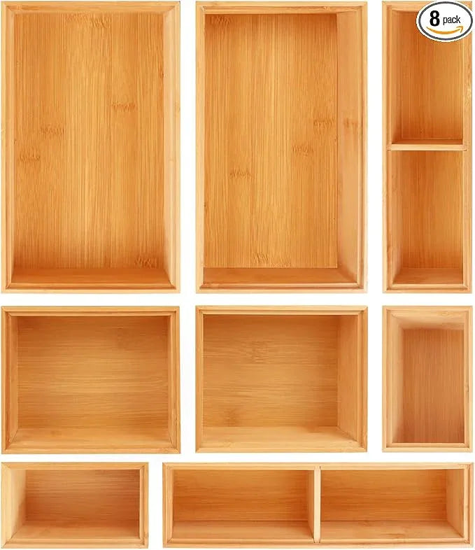 Bamboo Drawer Organizer Set, 8 PCS Multi-Use Wood Drawer Storage Boxes, Junk Drawer Organizer Divider Bins for Kitchen, Bathroom, Office Desk, Makeup, Jewelry, Utensils - ModernBath