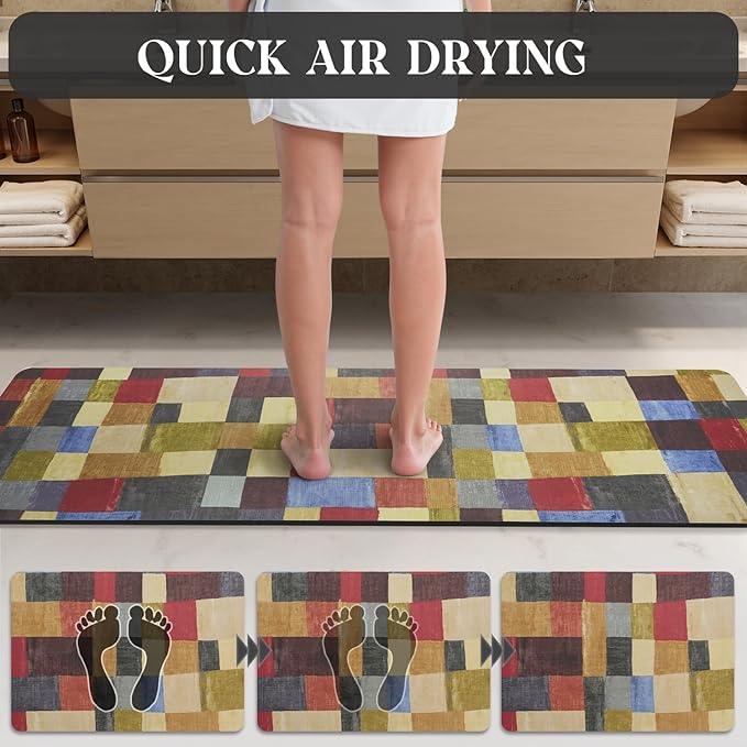 MontVoo -Bath Mat-Non Slip Thin Bathroom Rugs Fit Under Door- Quick Dry Absorbent Faux Suede Surface Grey Bathroom Floor Mats-Shower Rug for in Front of Bathtub Shower Retro Colors Plaid 17x59 - ModernBath