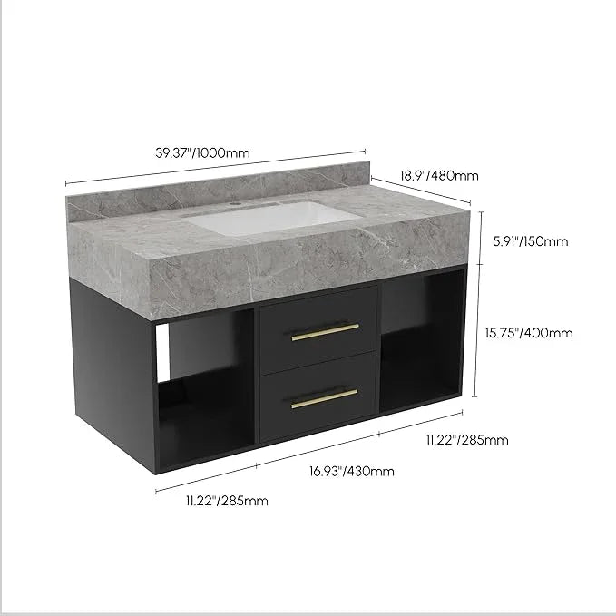 homary 39.4" Floating Bathroom Vanity Set, Modern Wall-Mounted Vanity Bathroom Medicine Cabinet with Sintered Stone Countertop, Undermount Sink & Black, 2 Open Storage Shelves - ModernBath