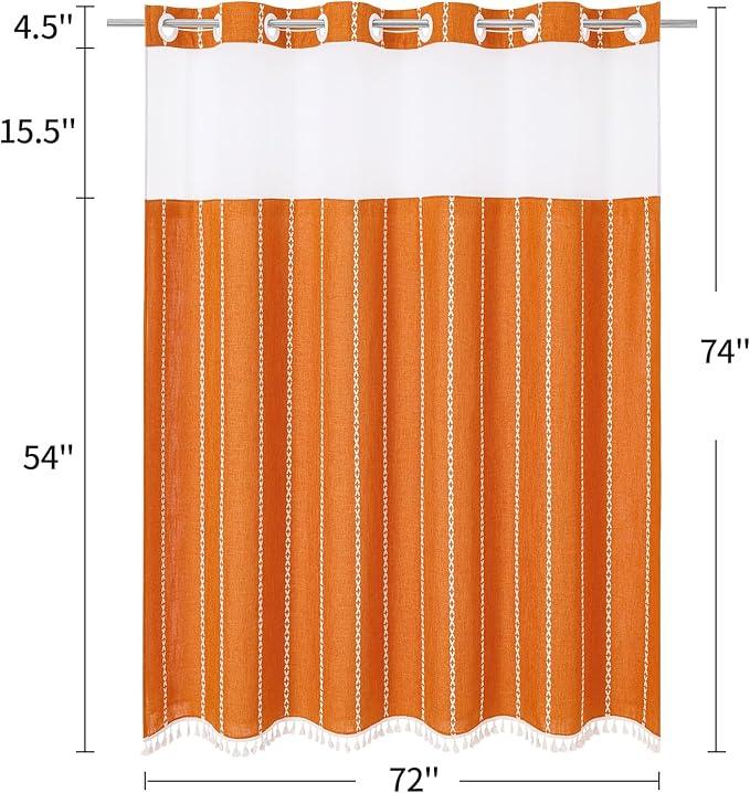 MitoVilla No Hooks Needed Orange Shower Curtain with Snap-in Liner - with Window & Magnets, Boho Cotton Linen Fabric Shower Curtains with Tassels for Rustic Bathroom Decor, Burnt Orange, 72 x 74 - ModernBath