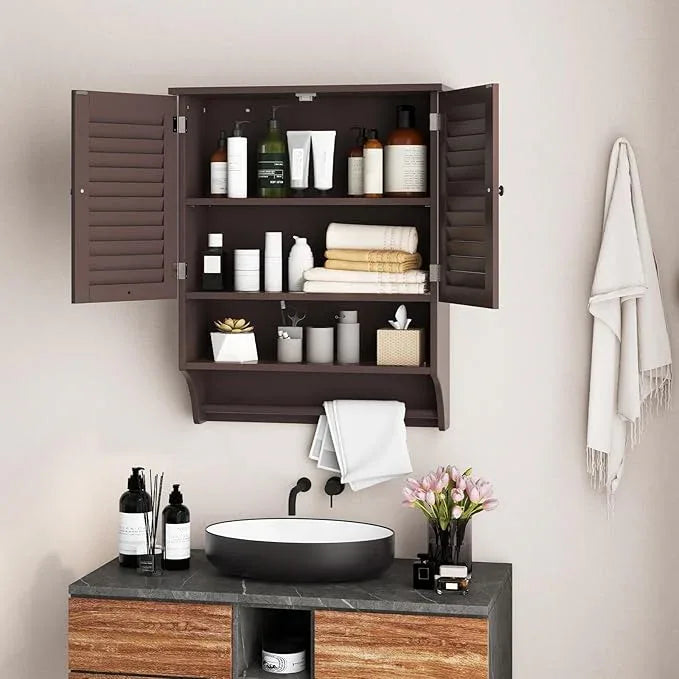 Giantex Wall Mounted Bathroom Cabinet with 2 Louvered Doors, 3-Position Adjustable Shelf, Towel Bar, Over The Toilet Space Saver, Above Toilet Hanging Medicine Cabinet (Espresso) - ModernBath