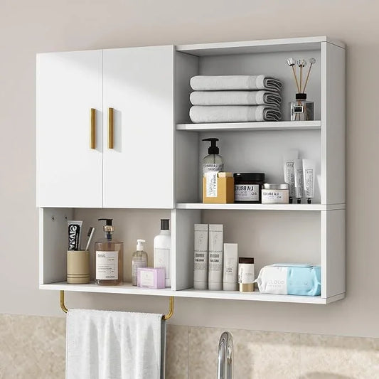 Bathroom Wall Cabinet Wood Large Wall Mounted Medicine Cabinet with 2 Doors and 4 Open Shelves Over Toilet Storage Cabinet Organizer with Towel Bar,White - ModernBath