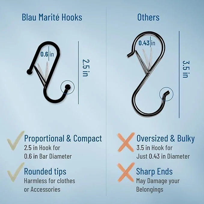 Blau Marité 10-Pack Metal S Hooks for Hanging – Heavy-Duty S-Shaped Hooks with Safety Buckle – Fits Bars up to 0.6 In – Anti-Drop Hook for Kitchen, Pot Racks & Towel Bars – Gold (Small) - ModernBath