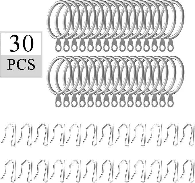 Hotop 30 Pcs Metal Drapery Curtain Rings 0.98/1.26/1.65 inch Interior Diameter and 30 Pcs Hanging Curtain Drapery Pin Hooks for Window Door Shower(Matte Silver,42mm) - ModernBath