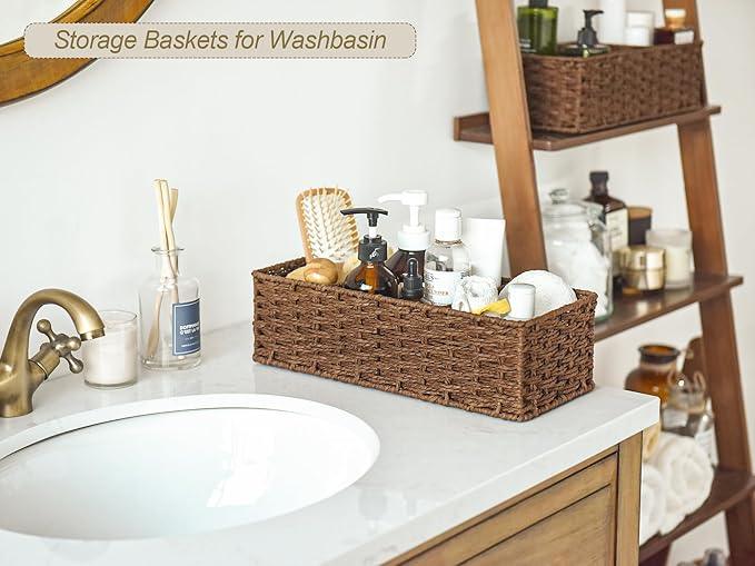 StorageWorks 3-Section Wicker Baskets for Shelves, Hand-Woven Round Paper Rope Storage Baskets, Walnut, 2-Pack - ModernBath
