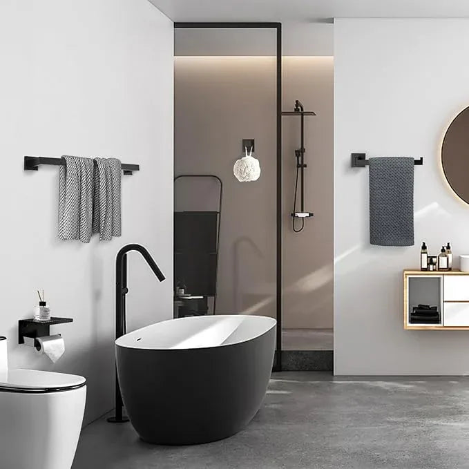 TURS Bathroom Hardware Set Black 4-Piece Towel Bar Set Include 24 Inch Towel Bar Hand Towel Holder Towel Hook Toilet Paper Holder with Shelf Wall Mounted Stainless Steel Bathroom Accessories Set - ModernBath