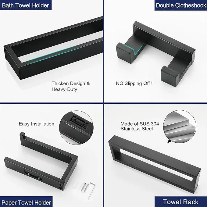 Lairuier 4-Piece Bath Towel Bar Set, Matte Black Bathroom Hardware Set Including Towel Bar,Towel Holder, Toilet Paper Holder, Towel Hook,Stainless Steel Bathroom Hardware Accessories Set - ModernBath