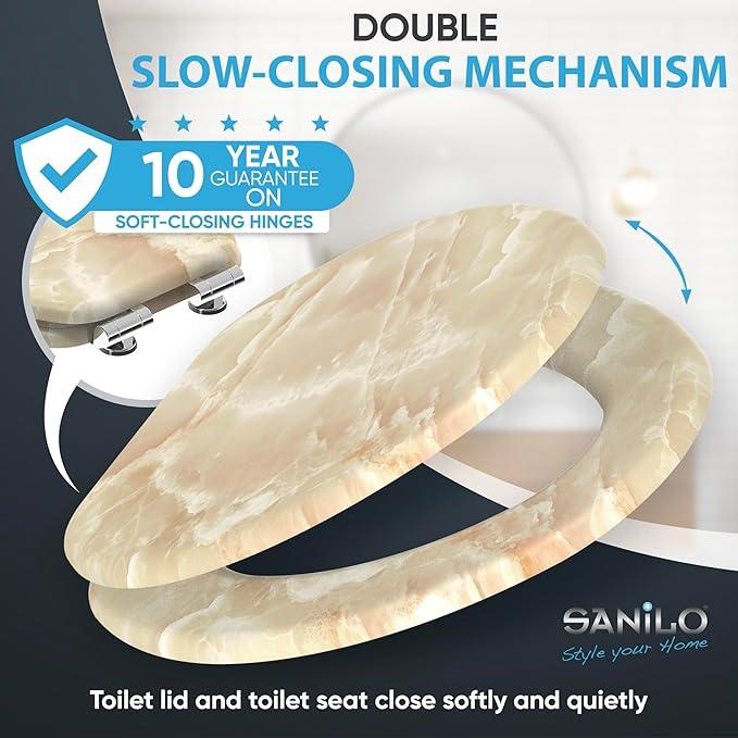 SANILO Wooden Toilet Seat with Soft Close [ELONGATED] - Decorative, Quiet & Slow Close Molded Wood Seat - With Strong Bumpers & Hinges - Adjustable Fit - Marble Nature - ModernBath