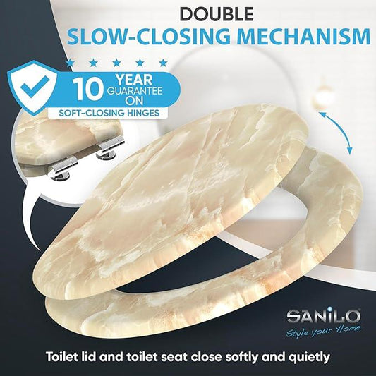 SANILO Wooden Toilet Seat with Soft Close [ELONGATED] - Decorative, Quiet & Slow Close Molded Wood Seat - With Strong Bumpers & Hinges - Adjustable Fit - Marble Nature - ModernBath