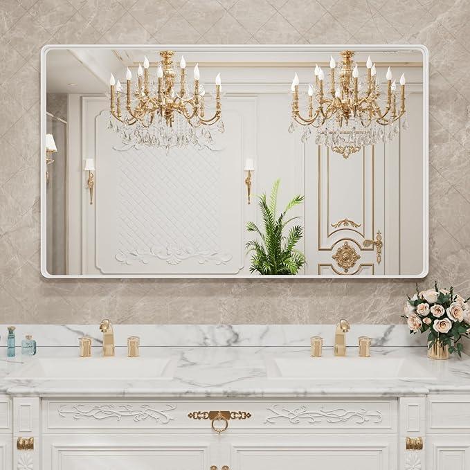 LOAAO 55x30 Inch White Metal Framed Bathroom Mirror for Wall, White Bathroom Vanity Mirror Farmhouse, Large Rounded Rectangle Mirror, Anti-Rust, Tempered Glass, Hangs Horizontally or Vertically - ModernBath