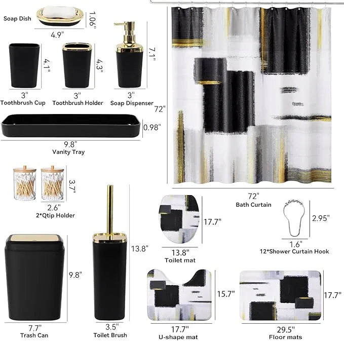 XLHOMO Bathroom Accessories Set - 25PC Bathroom Set with Shower Curtain and Rugs, Black Bathroom Set, Bathroom Accessory Set with Press-on Lid Trash Can, Soap Dispenser and Qtip Holders - ModernBath