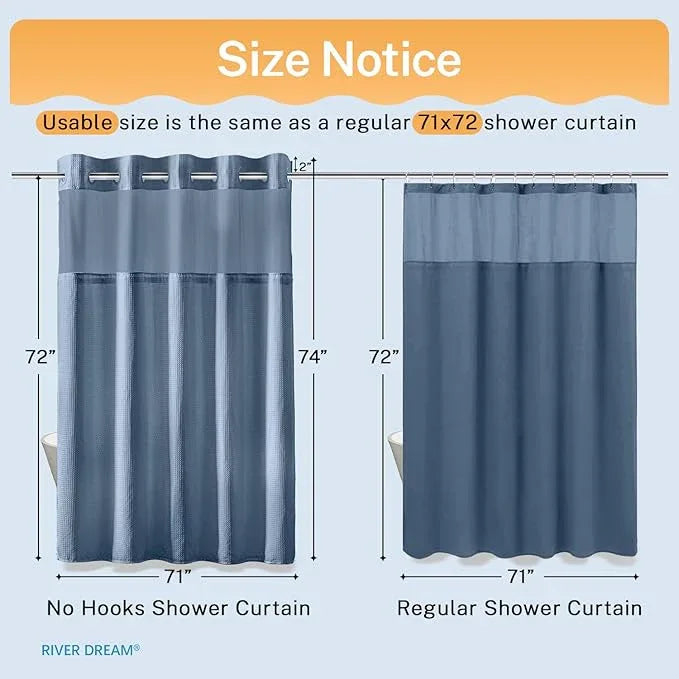 River Dream Blue Shower Curtain No Hooks Required Dotted Waffle Weave Shower Curtain with Snap in Liner - 71W x 74H,Hotel Grade,Spa Like Bath Curtain,Moonlight Blue - ModernBath