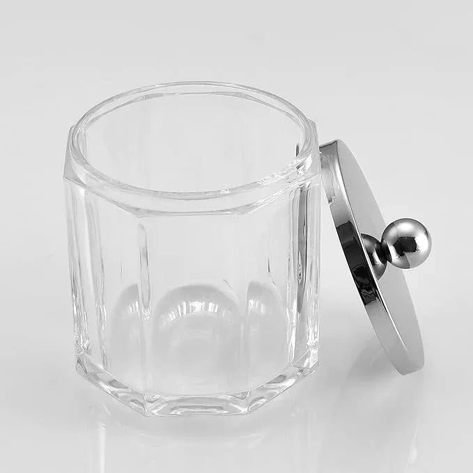 Indecor Home Clear Transparent Apothecary Octagional Shaped Glass Canister Jar With Silver/Chrome Metal Lid Cover for Bathroom Organization, Cotton Balls, Q Tips, and Small Accessories, Bath Storage - ModernBath