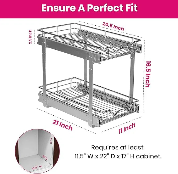 HOLDN’ STORAGE Two Tier Pull Out Cabinet Organizer, Individual Sliding Drawers - Heavy Duty Metal with Lifetime Limited Warranty - Anti Rust Chrome Finish - 11" W x 21”D x 16.5" H - ModernBath
