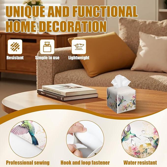 Humming Bird Floral Tissue Box Cover 2PCS, Leather Tissue Box Holder Square Facial Paper Case Tissue Box Cube Organizer for Bathroom Bedroom Desk Office - ModernBath