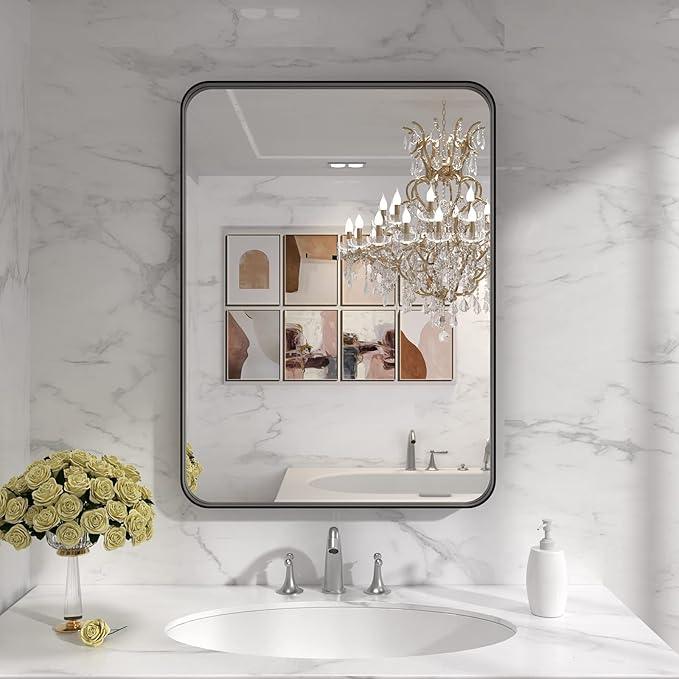 LOAAO Black Metal Framed Bathroom Mirror for Wall, 22X30 Inch Rounded Rectangle Mirror, Matte Black Bathroom Vanity Mirror Farmhouse, Anti-Rust, Hangs Horizontally or Vertically - ModernBath