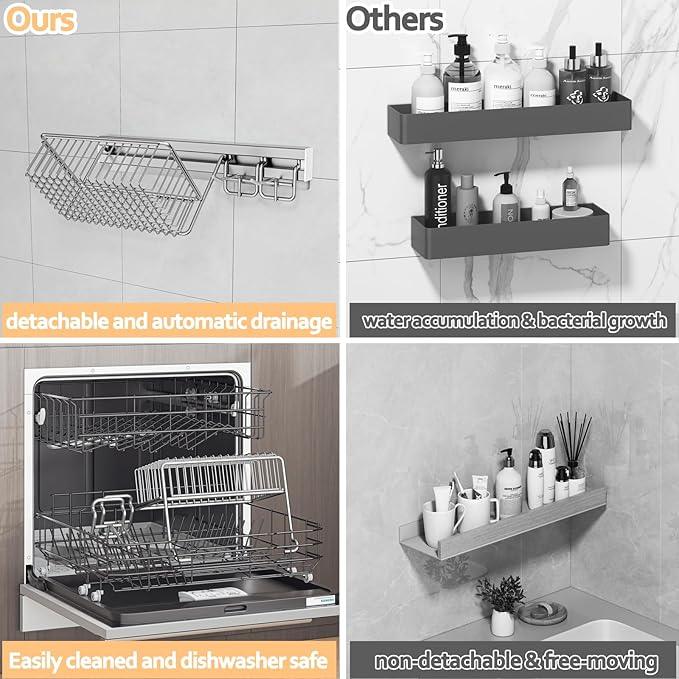 MINGLING Shower Caddy Hanging with Wall Back Crossbar, Rustproof 304 Stainless Steel Shower Organizer, Adhesive Bathroom Wall Storage Basket for Kitchen and Home Decor - ModernBath